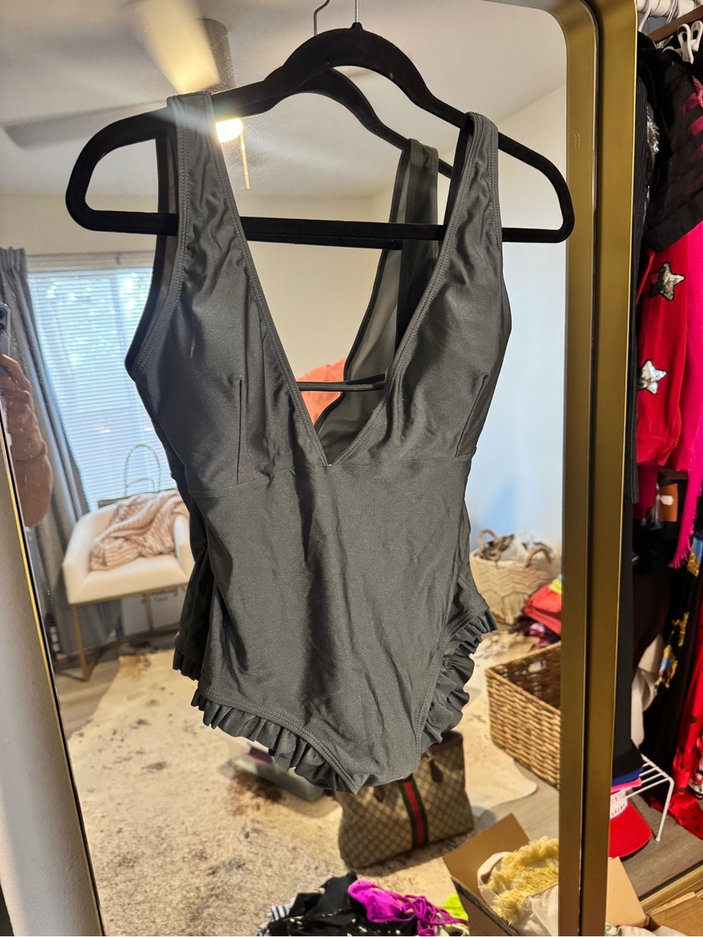 Cupshe Light Gray/Olive green One-Piece Swimsuit with Contrast Trim NWT